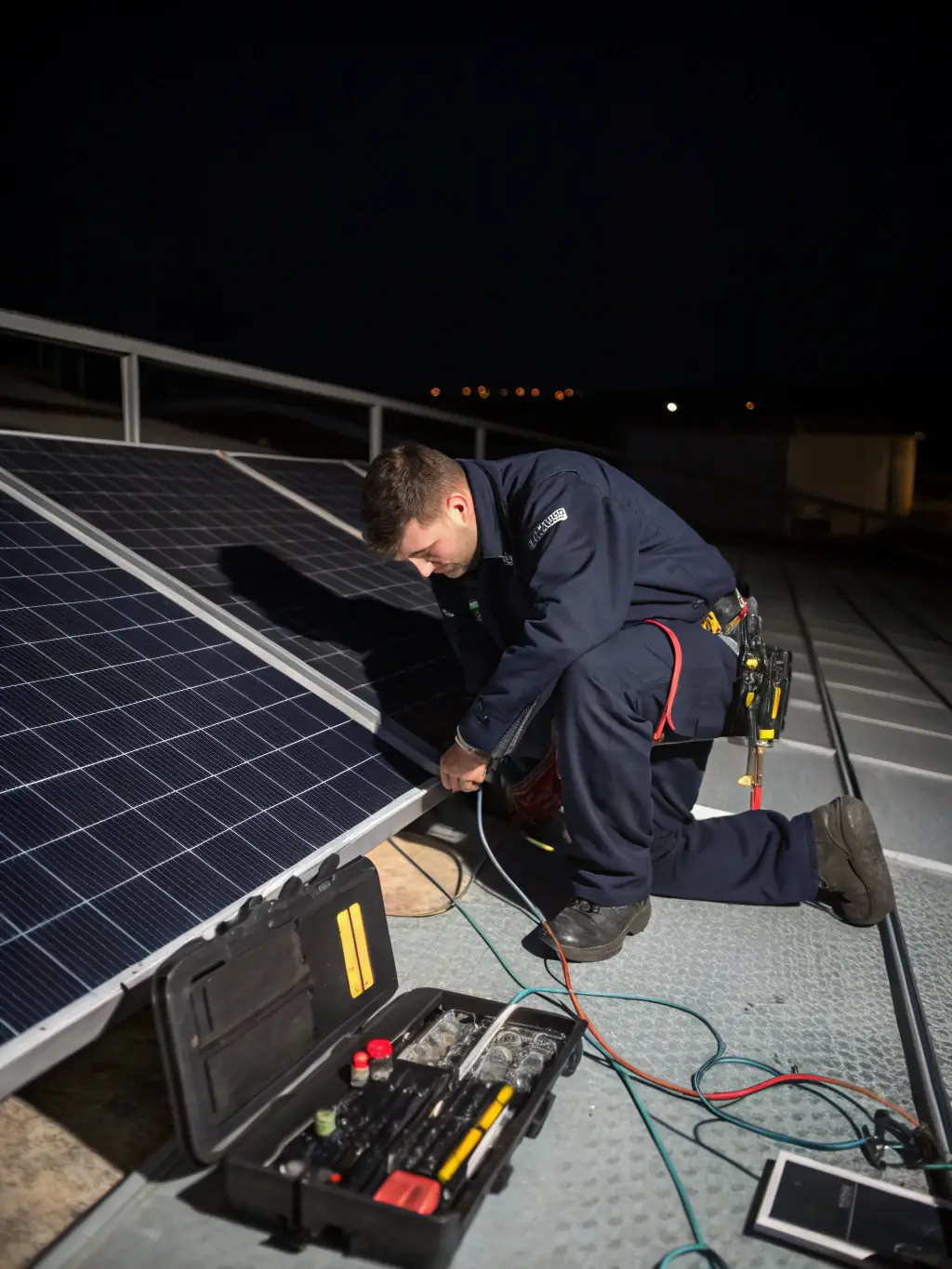 An image of a BOLT technician using advanced diagnostic tools to inspect a solar panel array, highlighting the company's commitment to quality and maintenance.