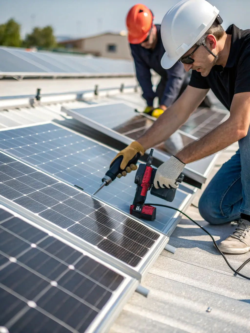 A time-lapse video still showing the installation process of solar panels on a commercial building, emphasizing the speed and efficiency of BOLT's installation team.