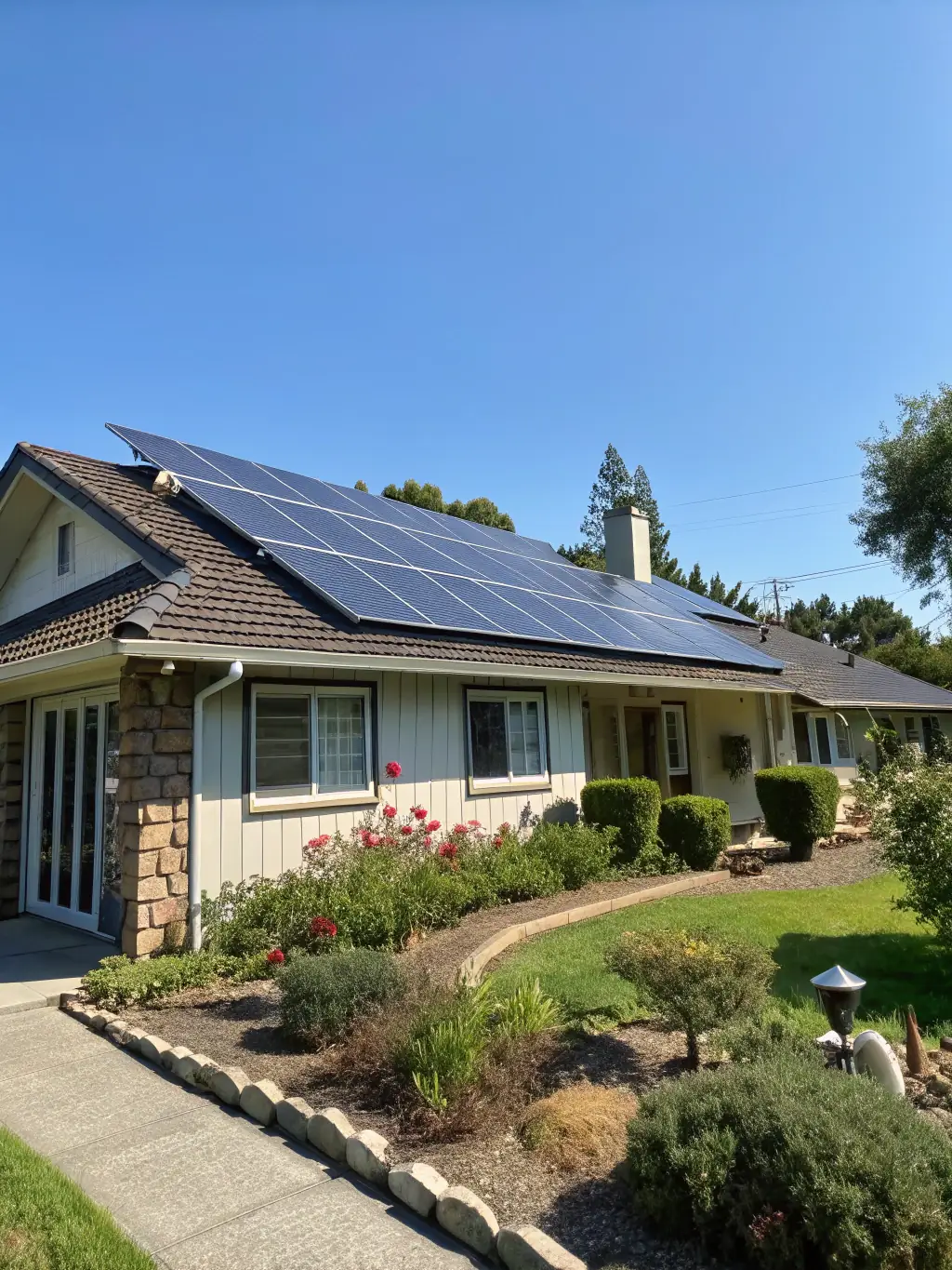 A high-angle shot of a completed residential solar panel installation, showcasing the clean lines and professional finish of BOLT's work, set against a clear blue sky.